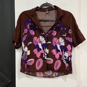 Express Women’s Floral Cropped Short Sleeve Button Up Blouse Size XS